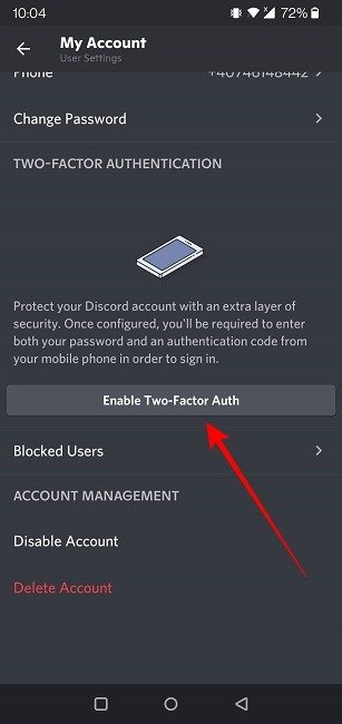 Опция включения Discord Mobile для социальных приложений 2fa