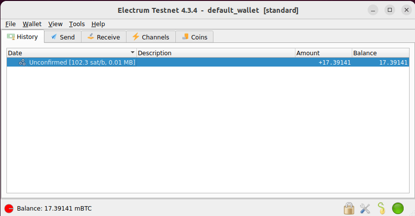 Скриншот окна обзора кошелька Electrum по умолчанию.