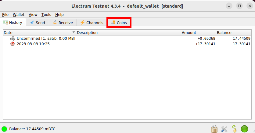 Скриншот Electrum, показывающий новое меню интерфейса вкладки «Монеты».