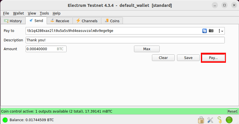 Скриншот Electrum, показывающий экран оплаты с выбранным одним UTXO.