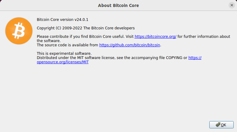 Скриншот окна информации о Bitcoin Core.