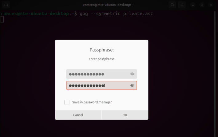 Снимок экрана, показывающий запрос пароля для симметричного шифрования в GPG.
