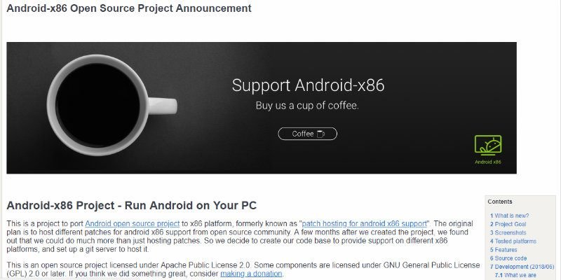 Снимок веб-сайта Android X86.org