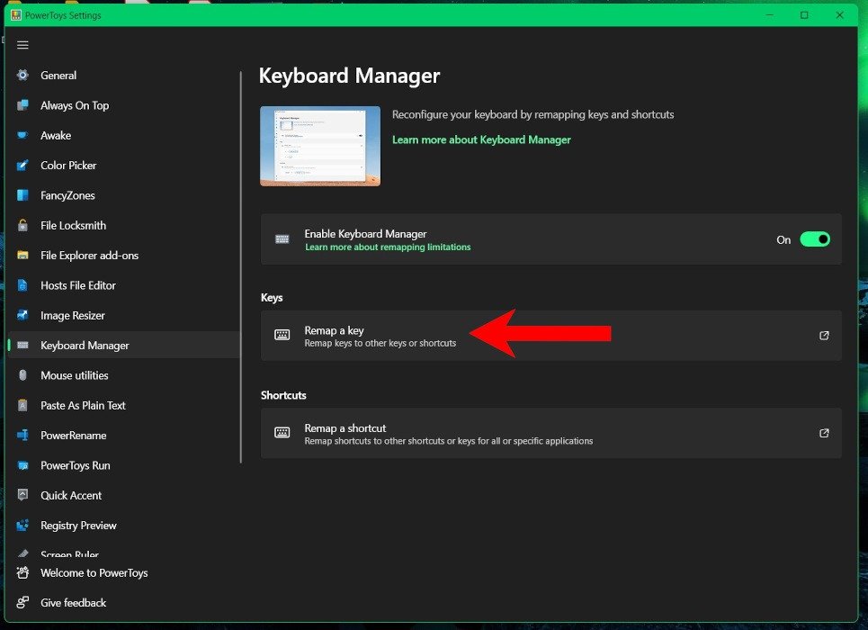 Нажав «Переназначить клавишу» в разделе «Ключи» в PowerToys.