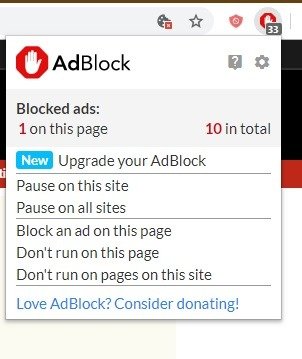 Adblock показывает количество заблокированных объявлений