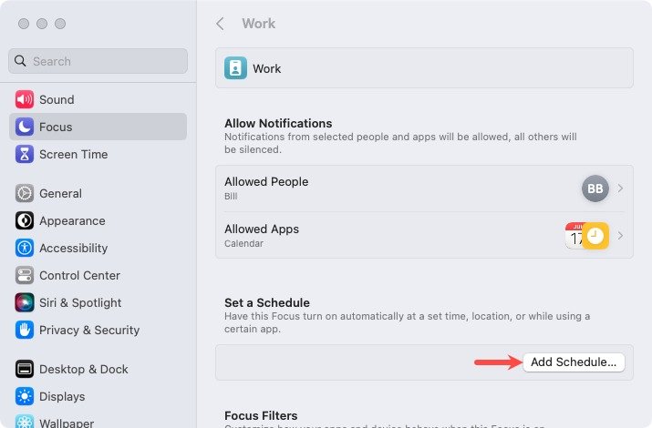 Добавить расписание для фокуса на Mac