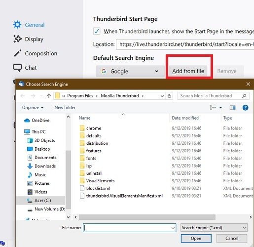 Добавить XML-файл Mozilla Thunderbird