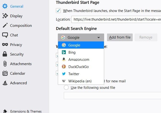 Добавить поисковую систему Google из параметров «Общие» Thunderbird