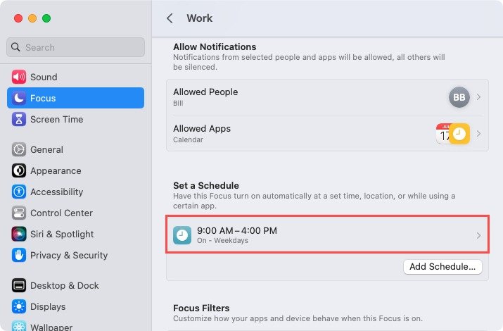 Добавлено расписание для Focus на Mac.