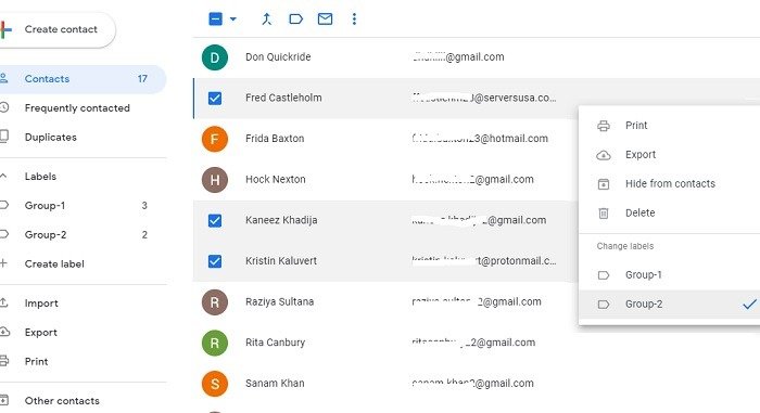 Добавление нескольких контактов в метку Gmail