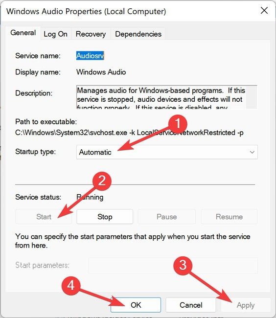 Настройка параметров службы Windows Audio.