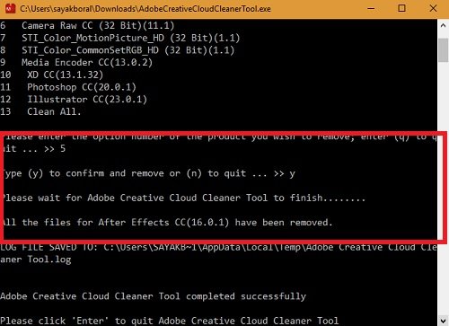 Adobe Creative Cloud Cleaner Удаление определенных продуктов After Effects — завершено