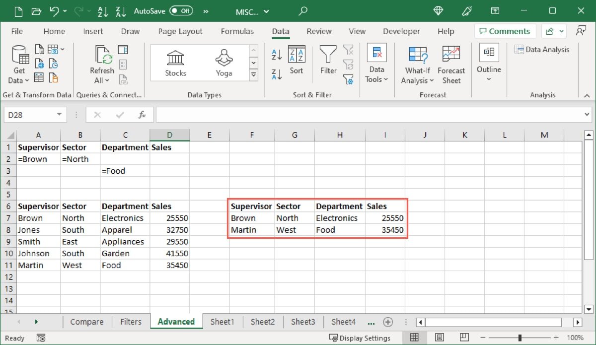 Расширенный фильтр, примененный в Excel