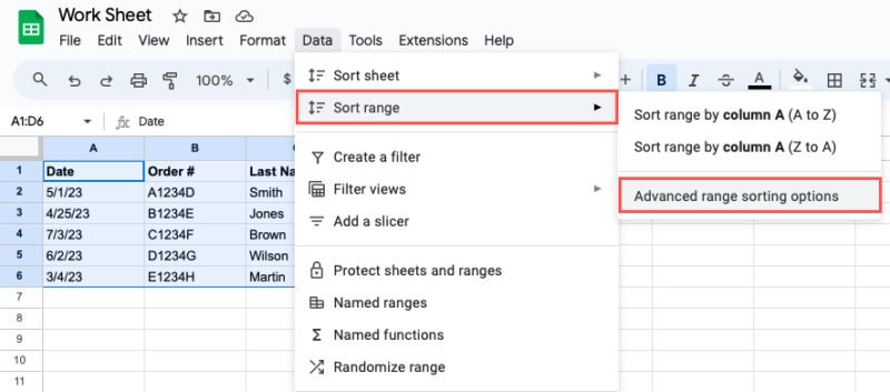 Опция расширенной сортировки диапазона в Google Sheets