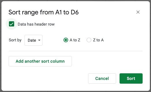 Окно расширенной сортировки диапазонов в Google Sheets