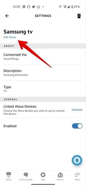 Изменение имени телевизора Samsung в приложении Alexa