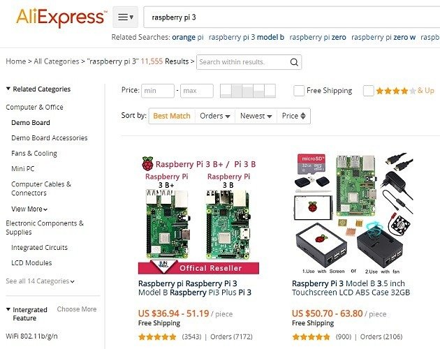 Результаты поиска на Aliexpress Платы Raspberry Pi