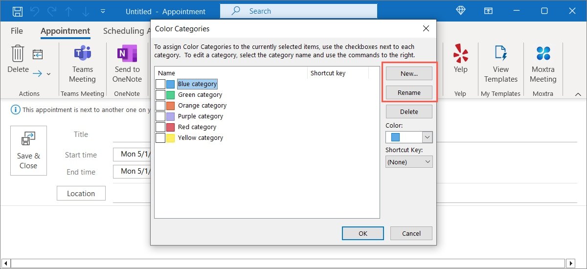 Кнопки «Переименовать» и «Новые» для категорий в Outlook