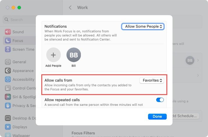 Разрешить вызовы с помощью переключателя Focus на Mac