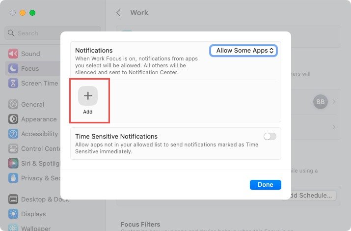 Добавьте разрешенные приложения для фокуса на Mac