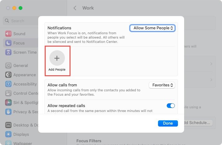 Добавьте людей для фокуса на Mac