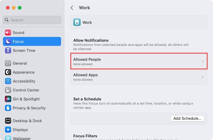 Разрешенные люди в настройках «Фокус» на Mac