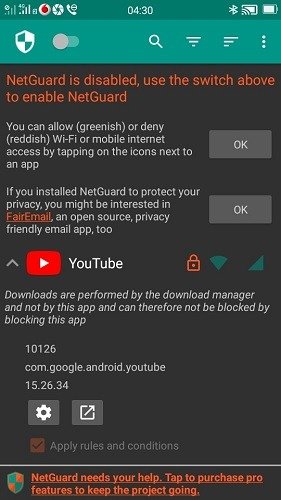 Приложения Android Интернет Netguard отключен 1