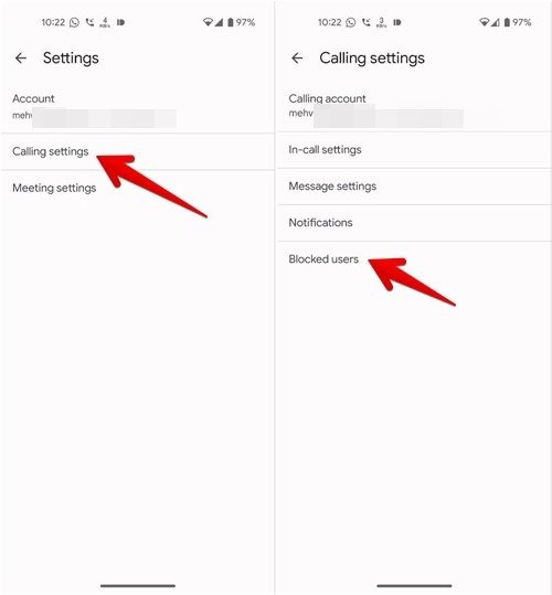 Нажмите «Настройки вызовов», чтобы просмотреть заблокированных пользователей в приложении Google Meet.