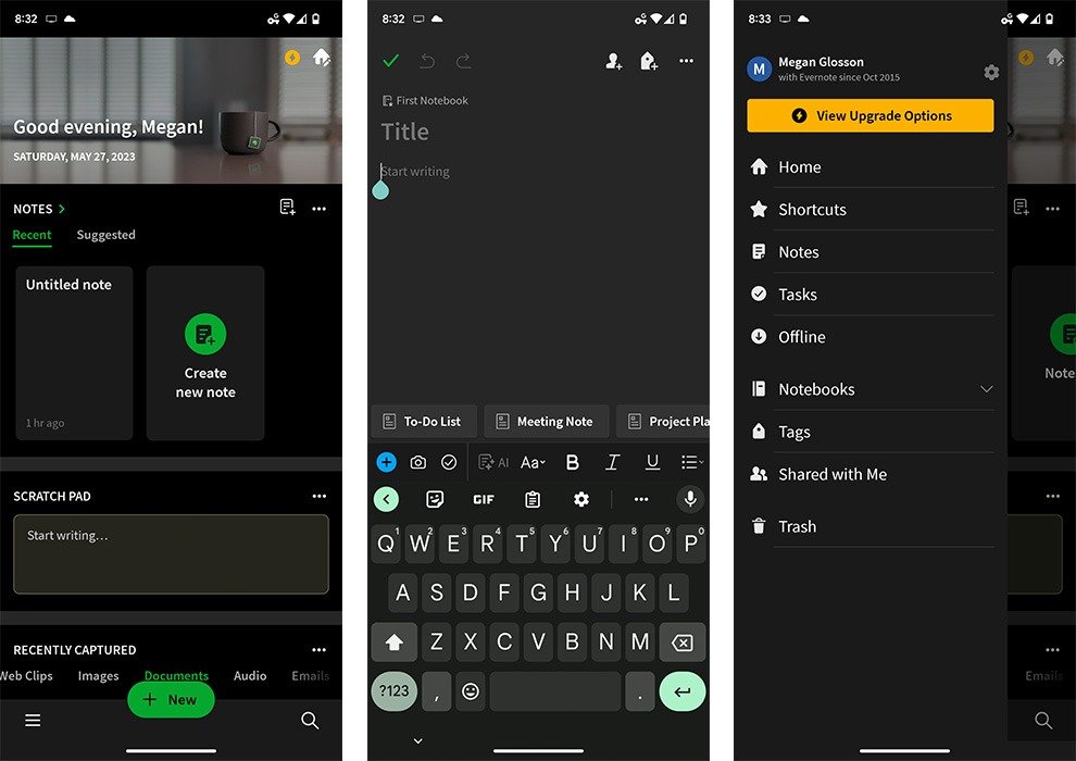 Скриншоты из приложения Evernote на Android.