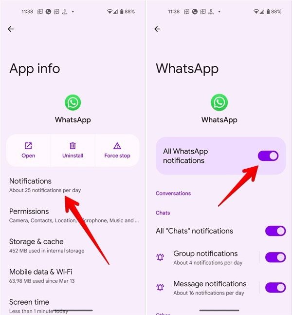 Настройки Android Уведомления WhatsApp