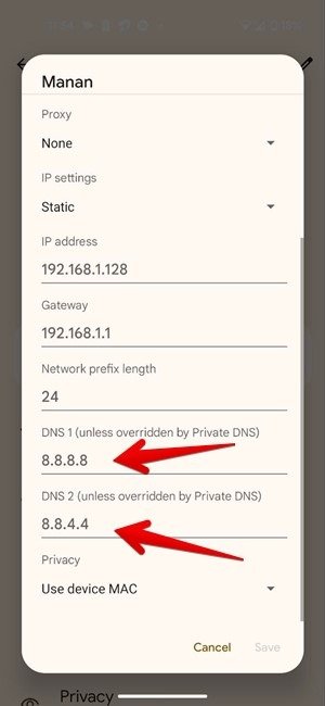 Добавление новых DNS-адресов на Android.