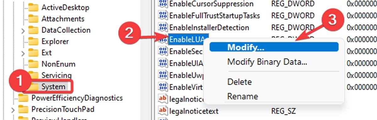 Щелкните правой кнопкой мыши ключ «EnableLUA» ​​в редакторе реестра, чтобы изменить его.