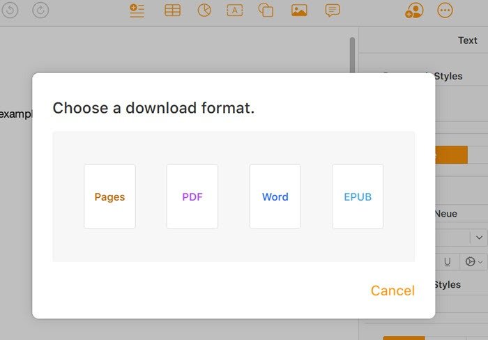 Apple Pages выбирает формат загрузки