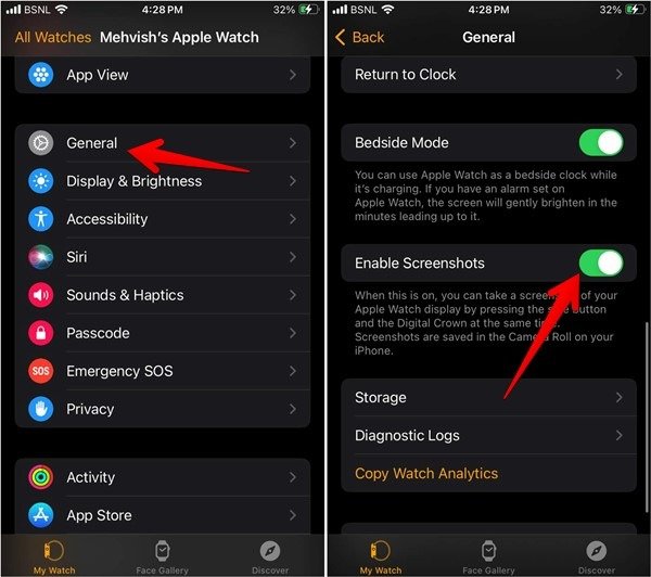 Включение скриншота Apple Watch с Iphone