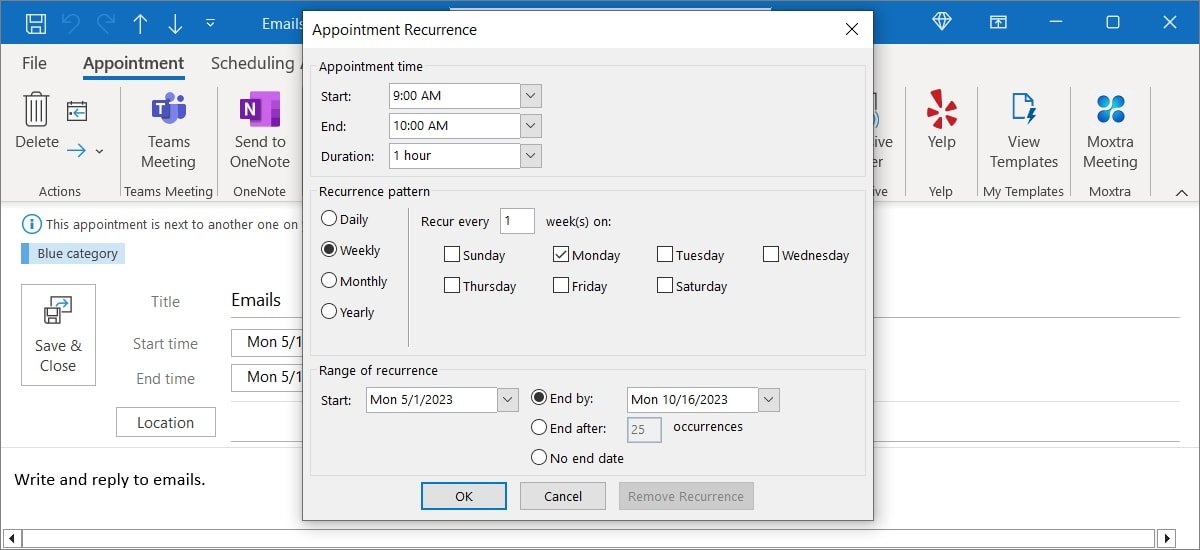 Поле повторения встреч в календаре Outlook