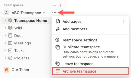 Архивировать Teamspace в меню Teamspace