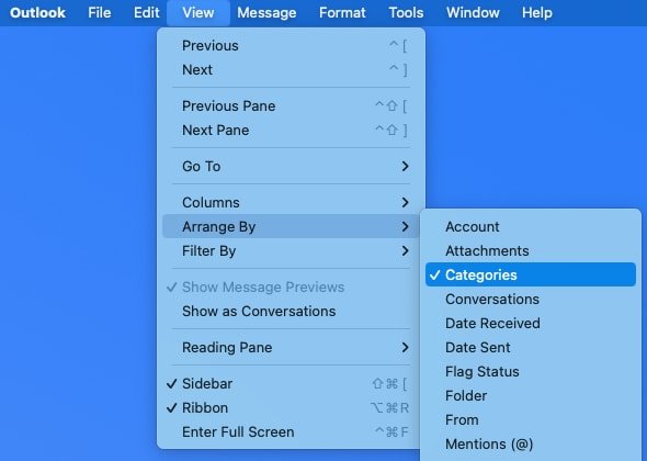 Упорядочить по категориям в Outlook на Mac
