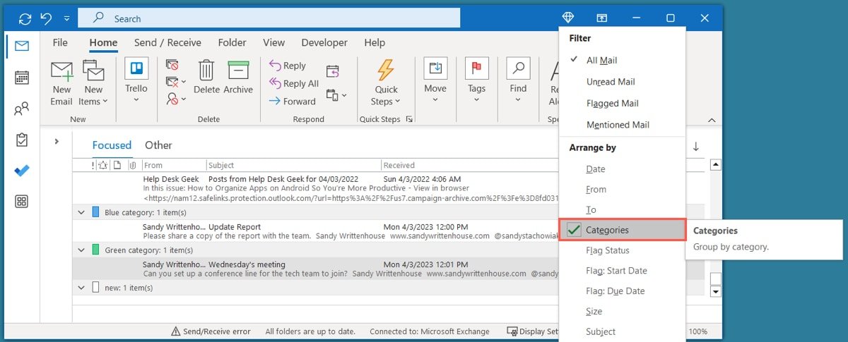 Упорядочить по категориям в Outlook для Windows
