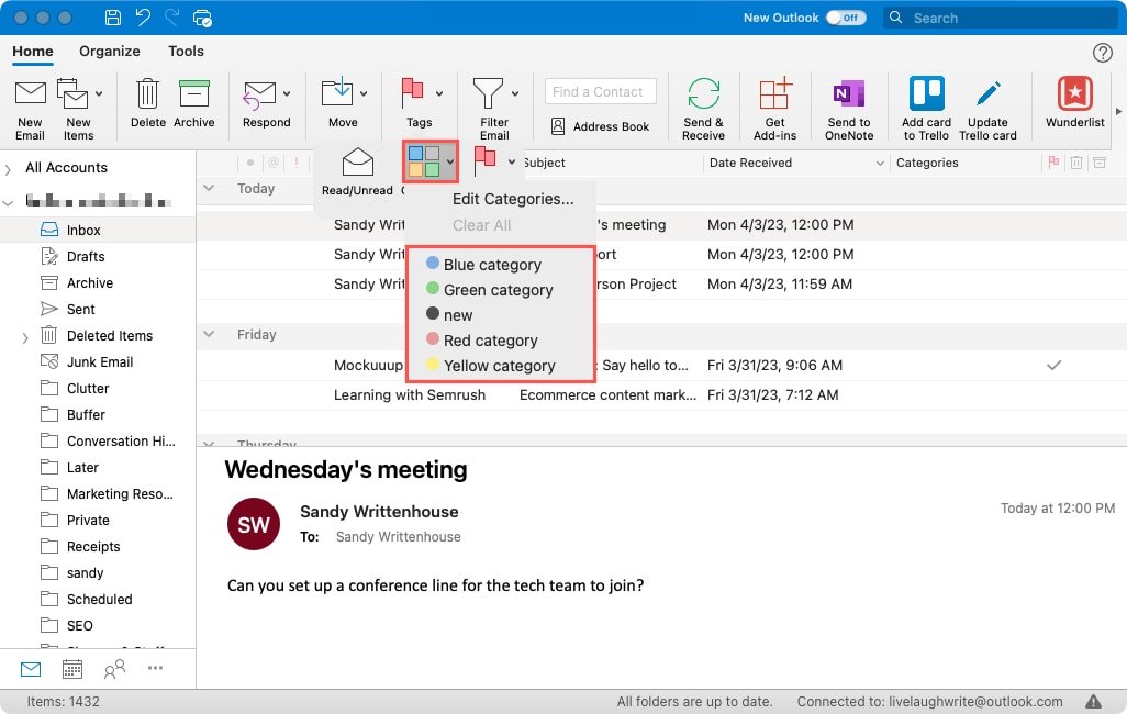 Назначение категории в Outlook на Mac