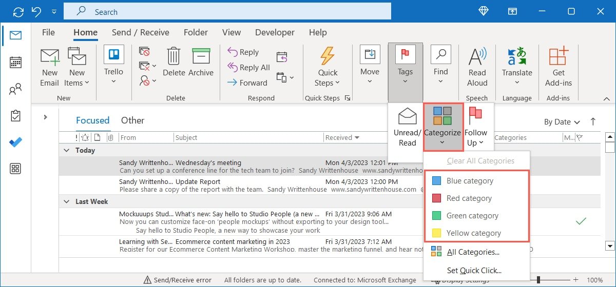 Назначение категории в Outlook для Windows