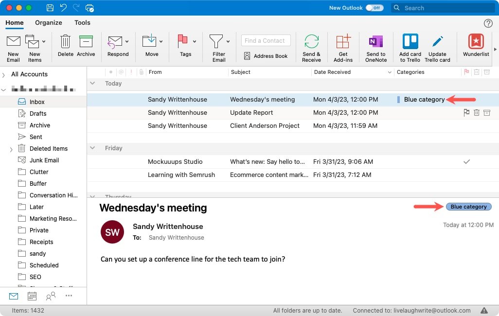 Назначена категория в Outlook на Mac
