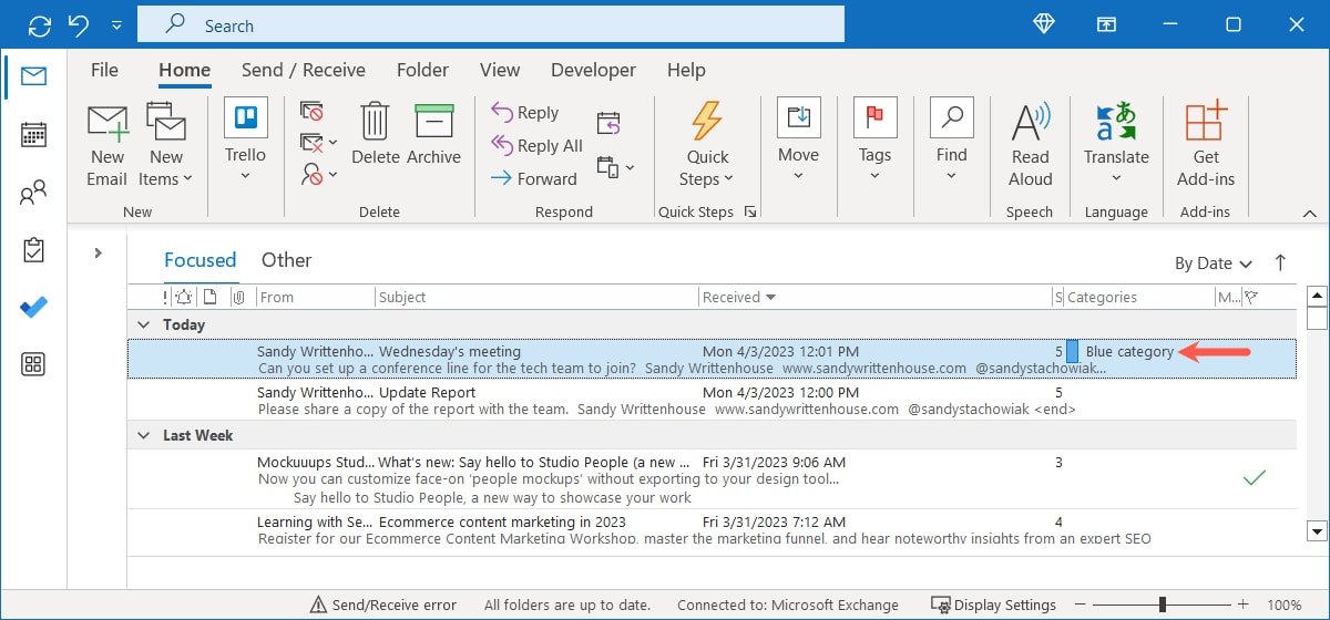 Назначена категория в Outlook для Windows