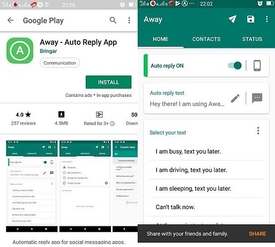 Скриншоты приложения Away Auto Reply