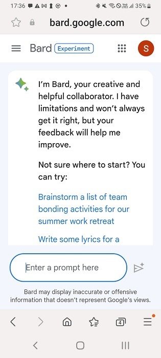 Доступ к Bard AI на телефоне Android с помощью интернет-браузера Samsung.
