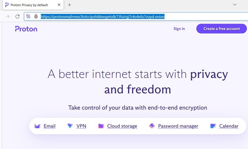 Proton (ранее ProtonMail) виден в ссылке на Onion.