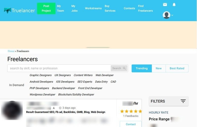 Веб-сайт Truelancer, на котором показаны доступные фрилансеры с более низкими почасовыми ставками.