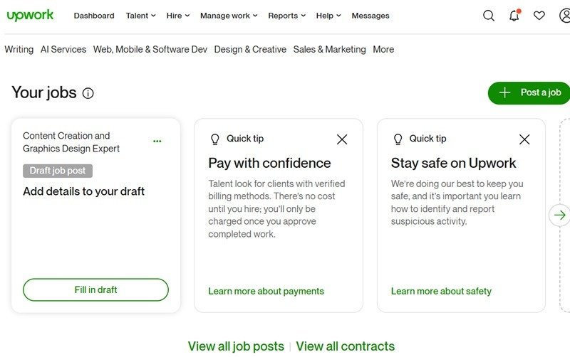 Панель управления Upwork с опубликованными вакансиями по написанию контента.