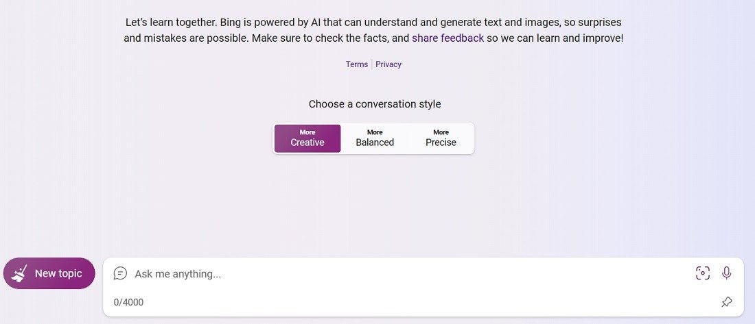 Выберите более творческий стиль разговора в Bing Chat с включенным ChatGPT.