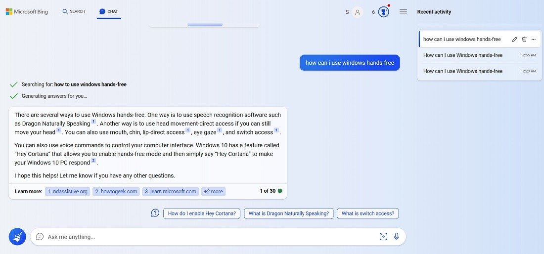 Открытие Bing Chat в браузере Microsoft Edge непосредственно из окна поиска Windows 11.